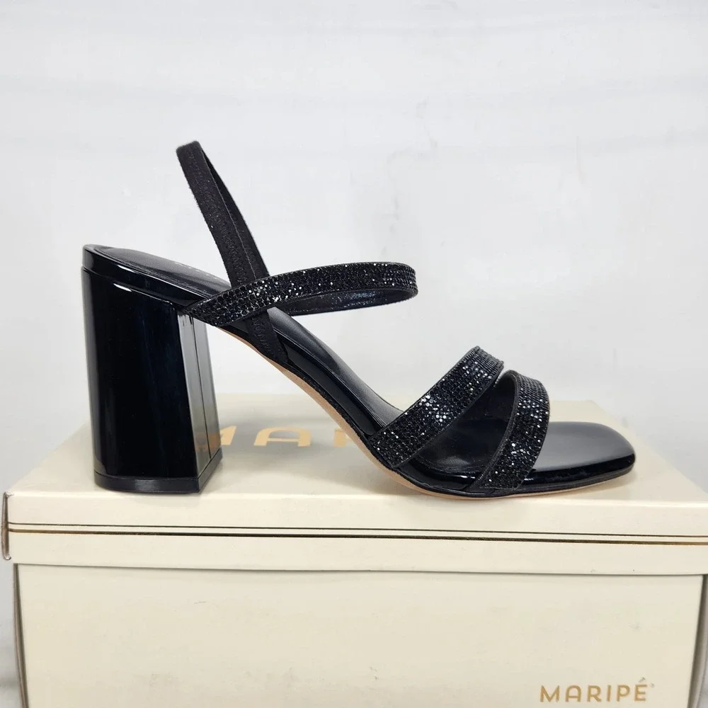 Maripe Sandal Women Size 9 Black Lilyana Rhinestone Patent Block Heel Slingback